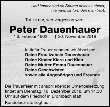 Traueranzeige von Peter Dauenhauer 