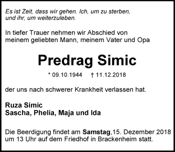 Traueranzeige von Predrag Simic 