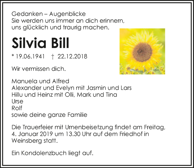  Traueranzeige für Silvia Bill vom 29.12.2018 aus 