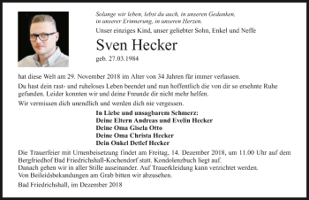 Traueranzeige von Sven Hecker 