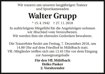 Traueranzeige von Walter Grupp 