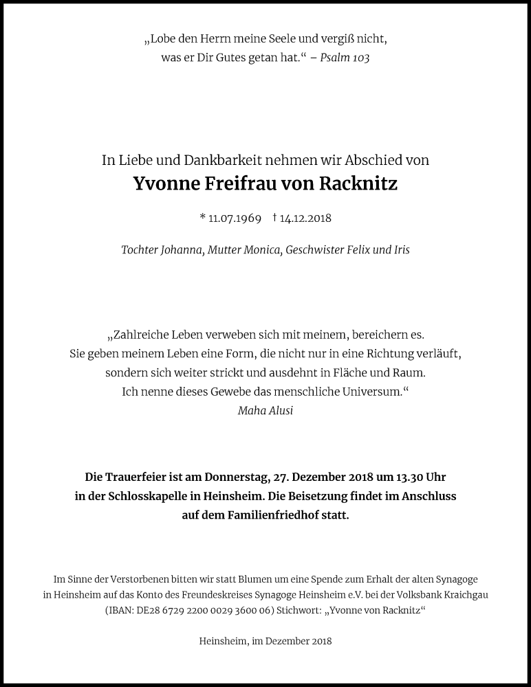  Traueranzeige für Yvonne Freifrau von Racknitz vom 22.12.2018 aus 