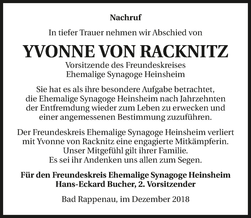  Traueranzeige für Yvonne Freifrau von Racknitz vom 22.12.2018 aus 