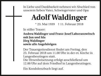 Traueranzeige von Adolf Waldinger 