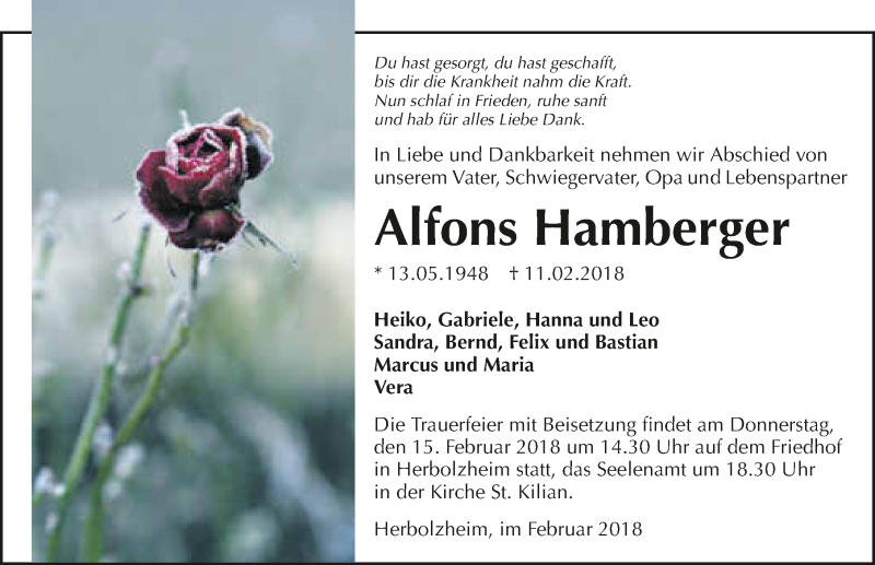  Traueranzeige für Alfons Hamberger vom 13.02.2018 aus 