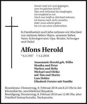 Traueranzeige von Alfons Herold 