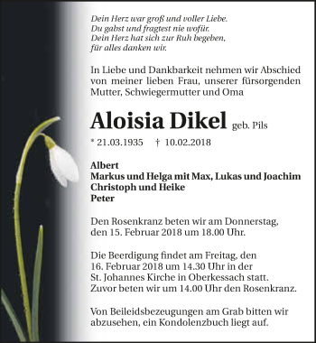 Traueranzeige von Aloisia Dikel 