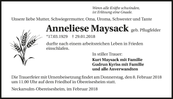 Traueranzeige von Anneliese Maysack 