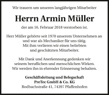 Traueranzeige von Armin Müller 