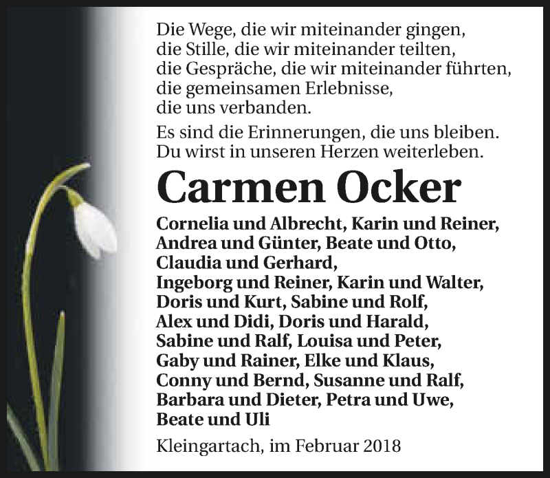 Traueranzeige für Carmen Ocker vom 28.02.2018 aus 