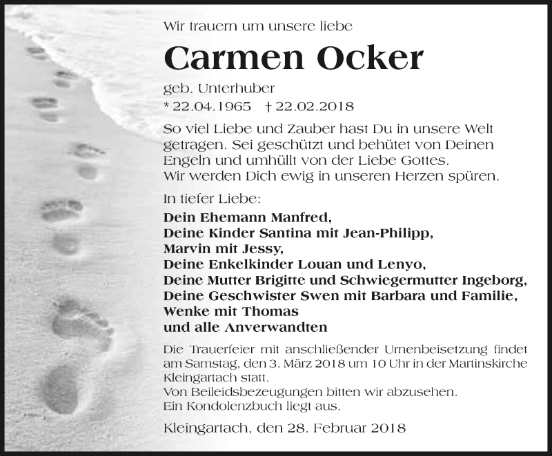  Traueranzeige für Carmen Ocker vom 28.02.2018 aus 