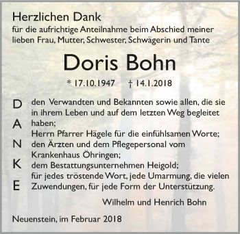 Traueranzeige von Doris Bohn 