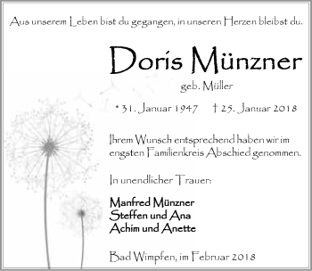 Traueranzeige von Doris Münzner 