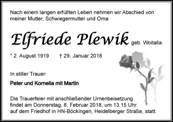 Traueranzeige von Elfriede Plewik 