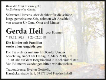 Traueranzeige von Gerda Heil 