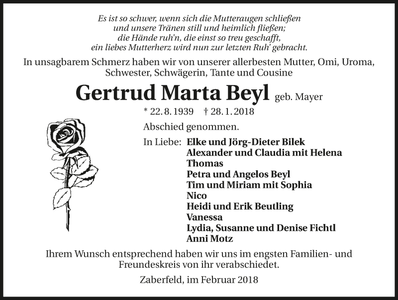  Traueranzeige für Gertrud Marta Beyl vom 07.02.2018 aus 