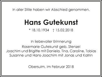 Traueranzeige von Hans Gutekunst 