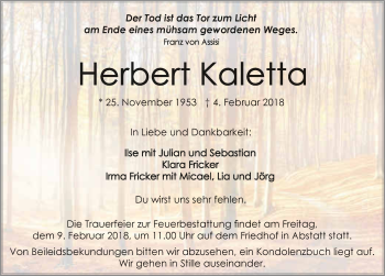 Traueranzeige von Herbert Kaletta 