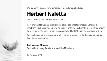 Traueranzeige von Herbert Kaletta 