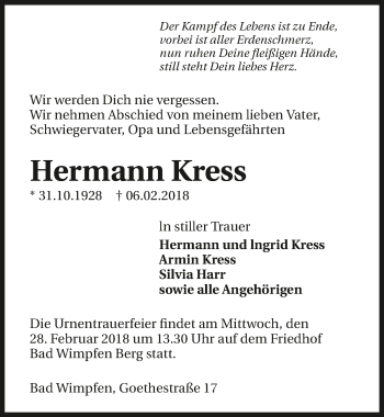 Traueranzeige von Hermann Kress 