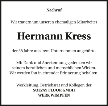 Traueranzeige von Hermann Kress 