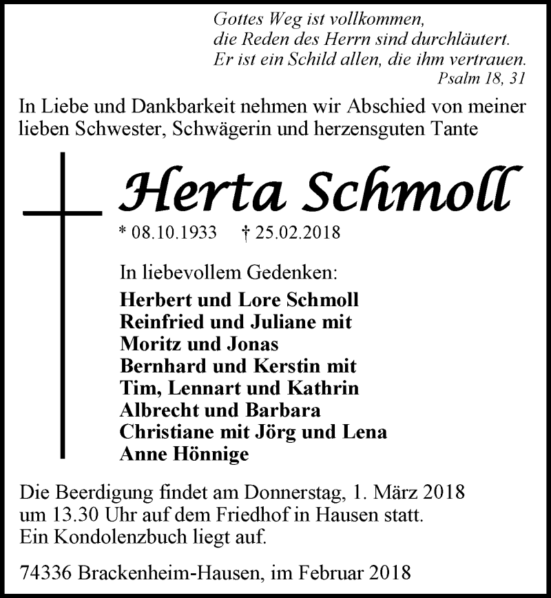  Traueranzeige für Herta Schmoll vom 27.02.2018 aus 