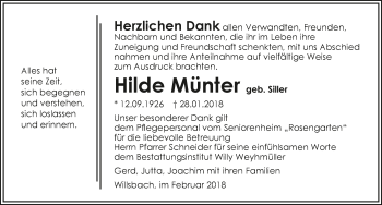 Traueranzeige von Hilde Münter 