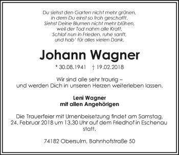 Traueranzeige von Johann Wagner 