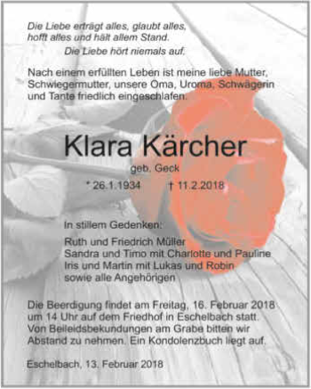 Traueranzeige von Klara Kärcher 
