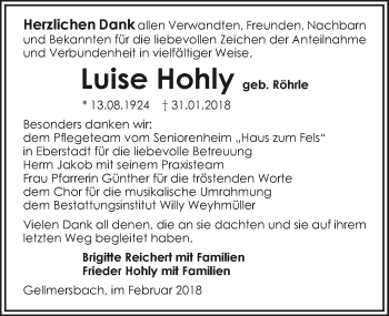 Traueranzeige von Luise Hohly 