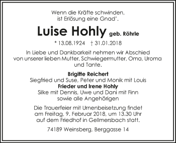 Traueranzeige von Luise Hohly 