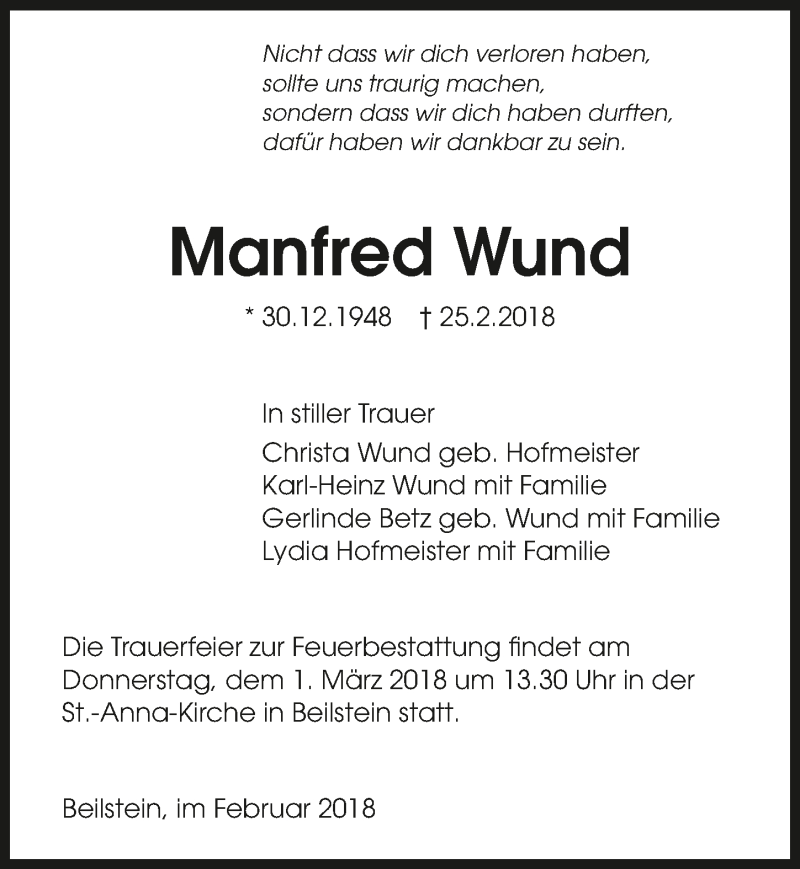  Traueranzeige für Manfred Wund vom 27.02.2018 aus 