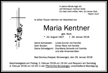 Traueranzeige von Maria Kentner 