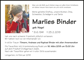 Traueranzeige von Marlies Binder 