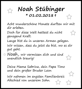 Traueranzeige von Noah Stübing 