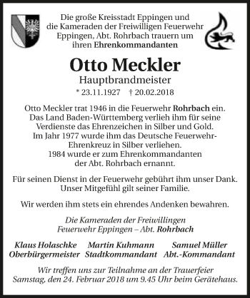 Traueranzeige von Otto Meckler 