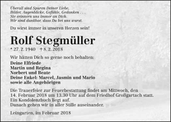 Traueranzeige von Rolf Stegmüller 