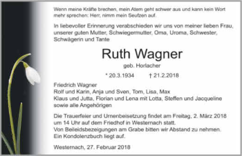 Traueranzeige von Ruth Wagner 