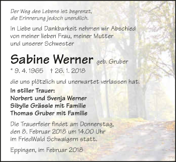 Traueranzeige von Sabine Werner 