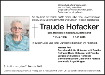 Traueranzeige von Traude Hofacker 