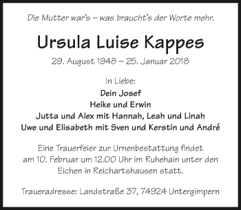 Traueranzeige von Ursula Luise Kappes 