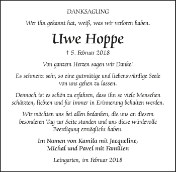 Traueranzeige von Uwe Hoppe 