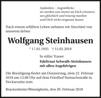 Traueranzeige von Wolfgang Steinhausen 