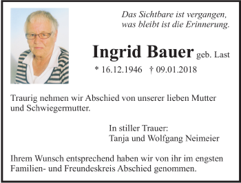 Traueranzeige von Ingrid Bauer 