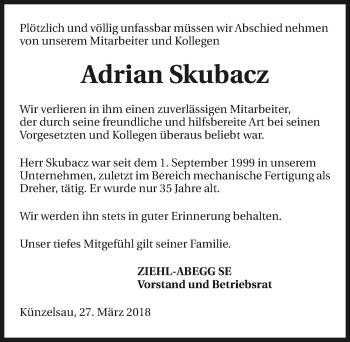 Traueranzeige von Adrian Skubacz 