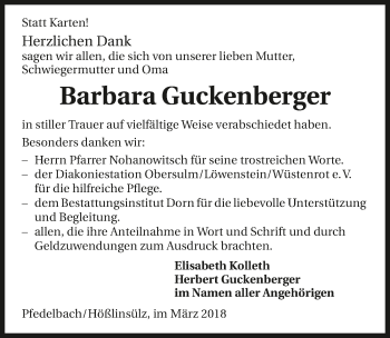 Traueranzeige von Barbara Guckenberger 