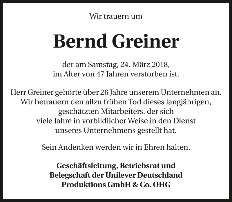  Traueranzeige für Bernd Greiner vom 31.03.2018 aus 
