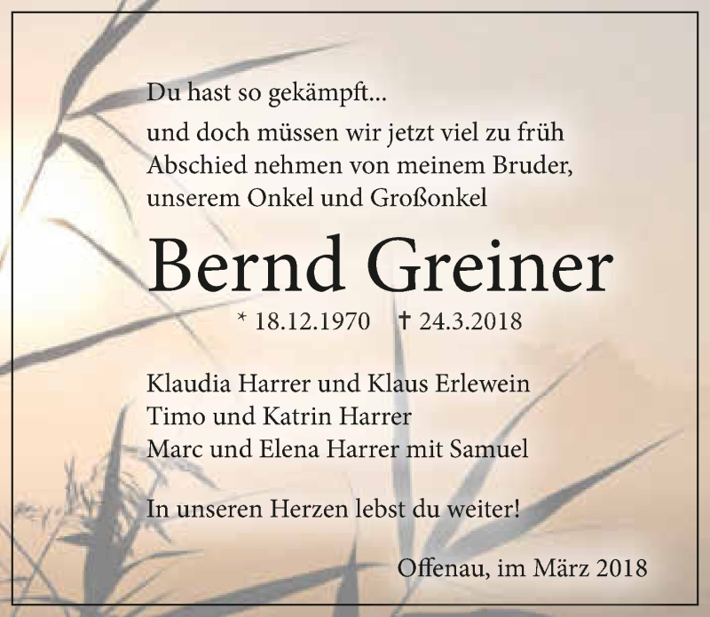  Traueranzeige für Bernd Greiner vom 31.03.2018 aus 