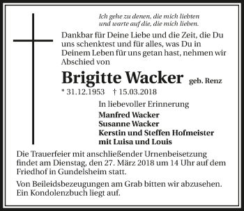 Traueranzeige von Brigitte Wacker 