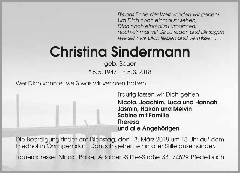  Traueranzeige für Christina Sindermann vom 09.03.2018 aus 